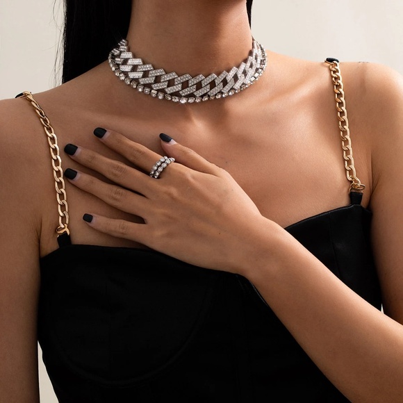 Double Diamond Layered Necklace and Ring Set - Picture 6 of 10